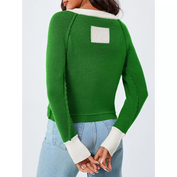 imageSaodimallsu Womens Cropped Cardigan Sweaters Button Down Open Front Long Sleeve Fall Trendy Color Block Knit CoatsGreen