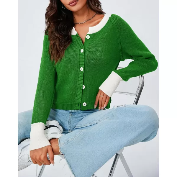 imageSaodimallsu Womens Cropped Cardigan Sweaters Button Down Open Front Long Sleeve Fall Trendy Color Block Knit CoatsGreen