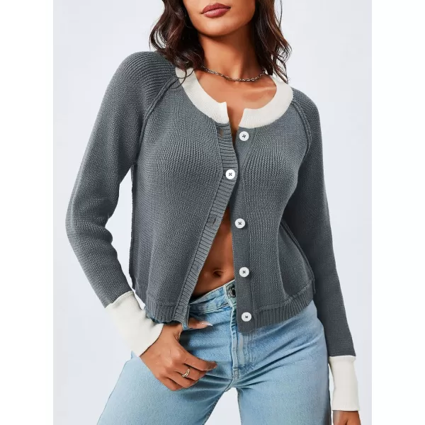 imageSaodimallsu Womens Cropped Cardigan Sweaters Button Down Open Front Long Sleeve Fall Trendy Color Block Knit CoatsGrey