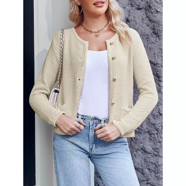 imageSaodimallsu Womens Cropped Cardigan Sweaters Chunky Button Down Long Sleeve Crewneck Waffle Knit Sweater JacketBeige