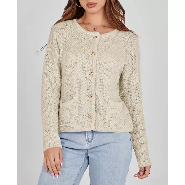 imageSaodimallsu Womens Cropped Cardigan Sweaters Chunky Button Down Long Sleeve Crewneck Waffle Knit Sweater JacketBeige