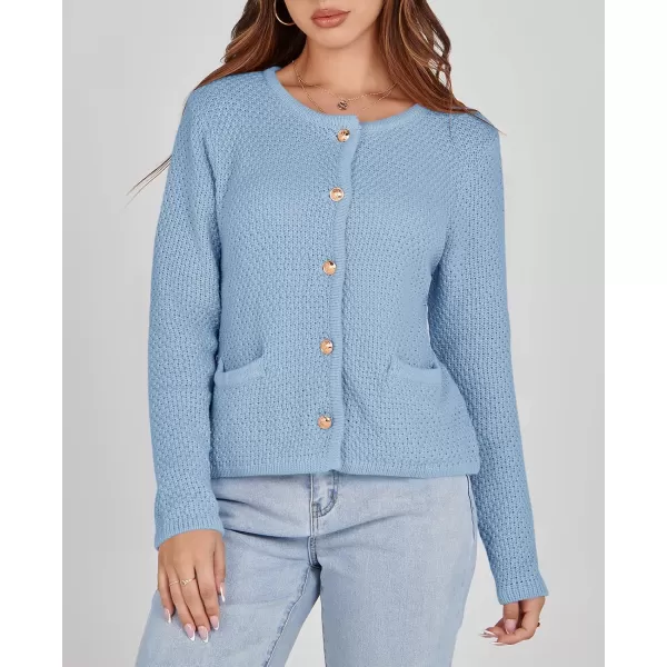 imageSaodimallsu Womens Cropped Cardigan Sweaters Chunky Button Down Long Sleeve Crewneck Waffle Knit Sweater JacketBlue