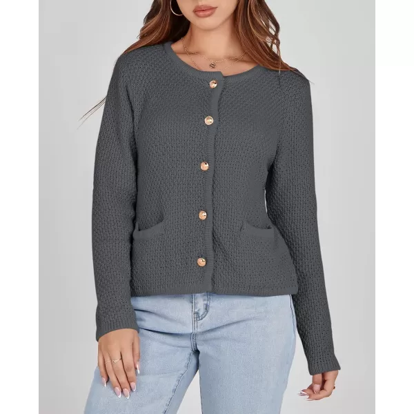 imageSaodimallsu Womens Cropped Cardigan Sweaters Chunky Button Down Long Sleeve Crewneck Waffle Knit Sweater JacketDark Grey