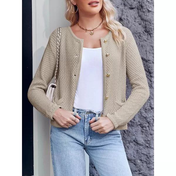 imageSaodimallsu Womens Cropped Cardigan Sweaters Chunky Button Down Long Sleeve Crewneck Waffle Knit Sweater JacketKhaki