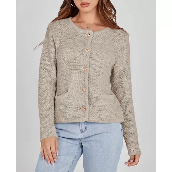 imageSaodimallsu Womens Cropped Cardigan Sweaters Chunky Button Down Long Sleeve Crewneck Waffle Knit Sweater JacketKhaki