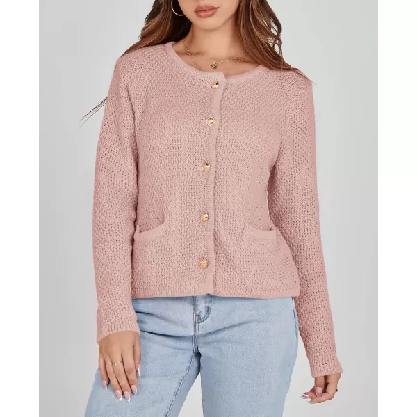 imageSaodimallsu Womens Cropped Cardigan Sweaters Chunky Button Down Long Sleeve Crewneck Waffle Knit Sweater JacketPink