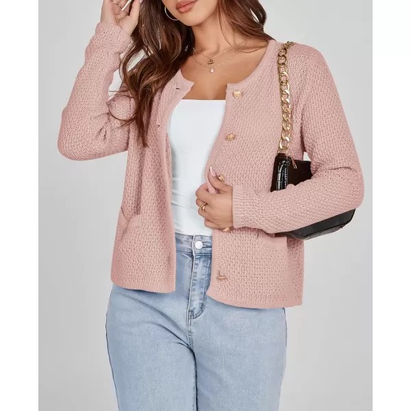 imageSaodimallsu Womens Cropped Cardigan Sweaters Chunky Button Down Long Sleeve Crewneck Waffle Knit Sweater JacketPink