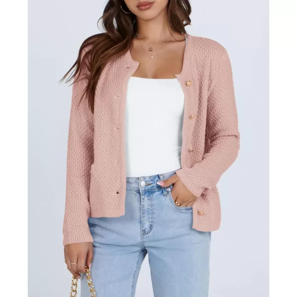 imageSaodimallsu Womens Cropped Cardigan Sweaters Chunky Button Down Long Sleeve Crewneck Waffle Knit Sweater JacketPink