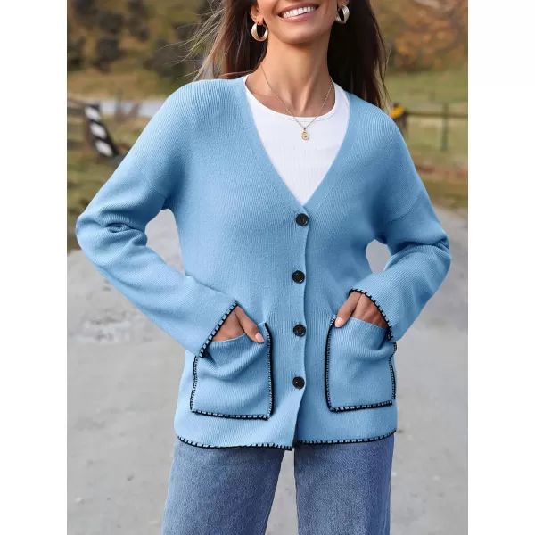 imageSaodimallsu Womens Fall Cardigan 2024 Button Down Trendy Knit Open Front Casual Loose Sweaters Coat with PocketsLight Blue