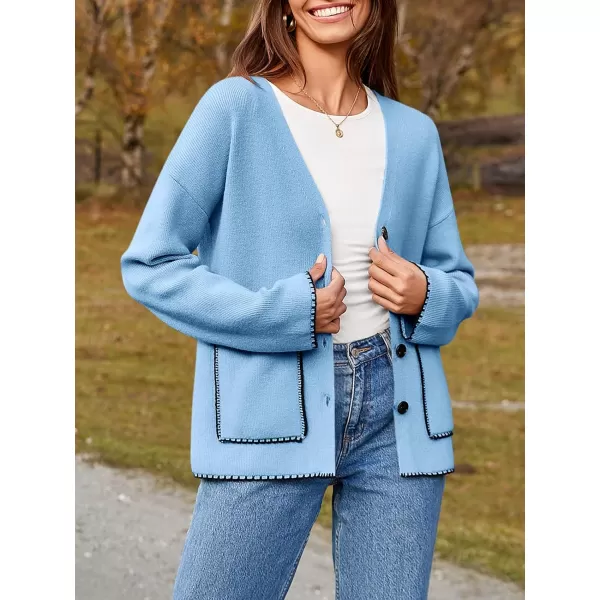 imageSaodimallsu Womens Fall Cardigan 2024 Button Down Trendy Knit Open Front Casual Loose Sweaters Coat with PocketsLight Blue