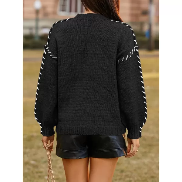 imageSaodimallsu Womens Oversized Sweaters Crew Neck Puff Long Sleeve Knit Fall Loose Chunky Trendy Casual Pullover TopBlack