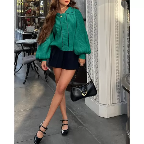 imageSaodimallsu Womens Puff Sleeve Cardigans 2024 Fall Babydoll Collared Button Loose Ribbed Knit Color Block Sweater CoatsGreen