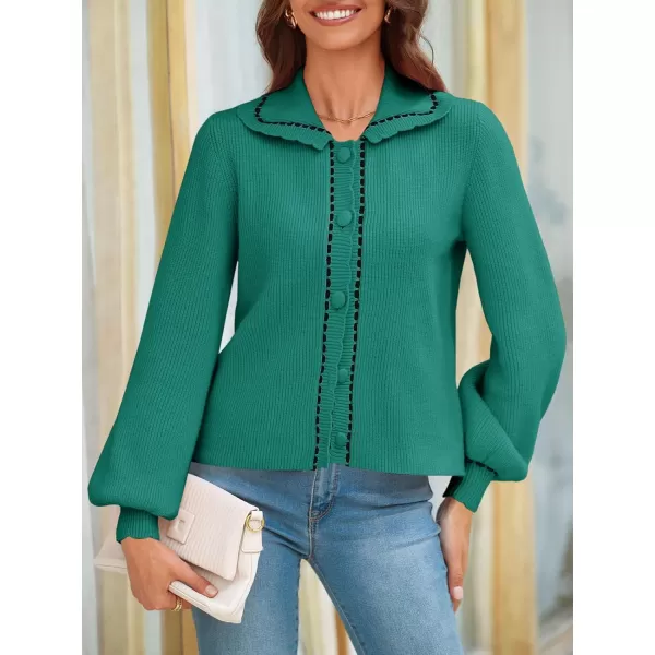 imageSaodimallsu Womens Puff Sleeve Cardigans 2024 Fall Babydoll Collared Button Loose Ribbed Knit Color Block Sweater CoatsGreen