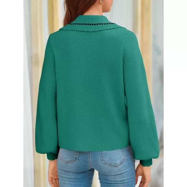 imageSaodimallsu Womens Puff Sleeve Cardigans 2024 Fall Babydoll Collared Button Loose Ribbed Knit Color Block Sweater CoatsGreen