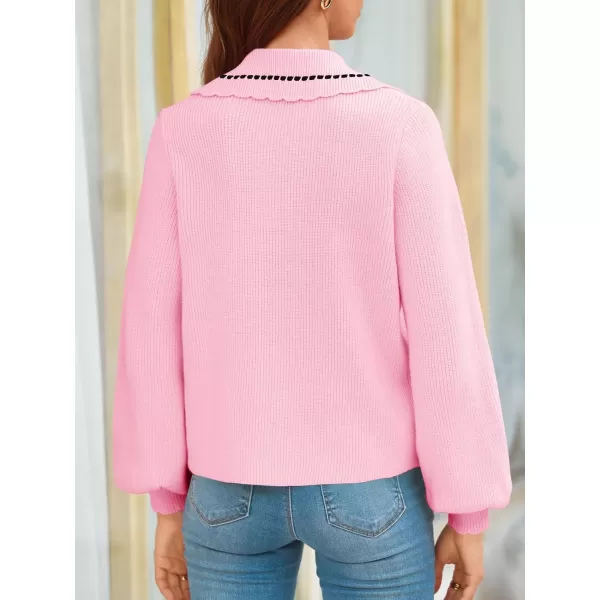 imageSaodimallsu Womens Puff Sleeve Cardigans 2024 Fall Babydoll Collared Button Loose Ribbed Knit Color Block Sweater CoatsPink