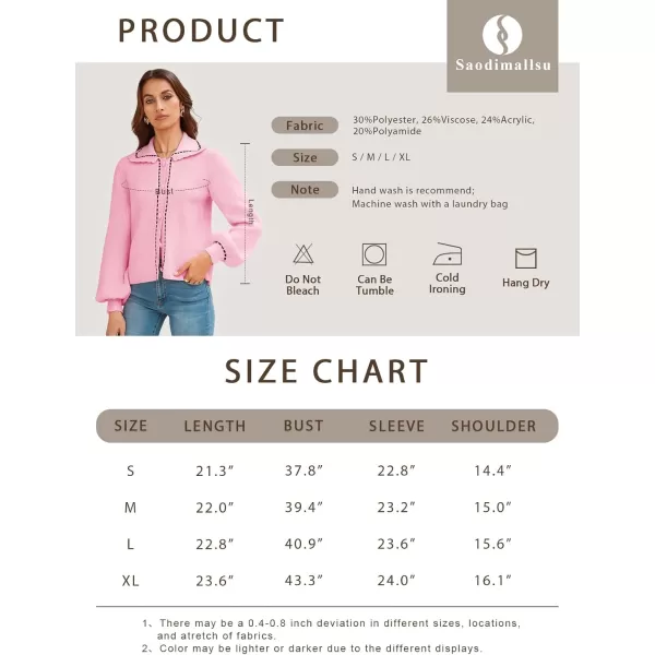 imageSaodimallsu Womens Puff Sleeve Cardigans 2024 Fall Babydoll Collared Button Loose Ribbed Knit Color Block Sweater CoatsPink