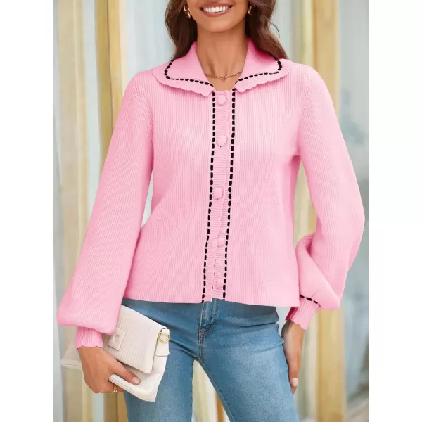 imageSaodimallsu Womens Puff Sleeve Cardigans 2024 Fall Babydoll Collared Button Loose Ribbed Knit Color Block Sweater CoatsPink