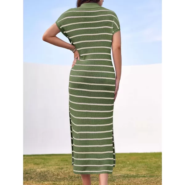 imageSaodimallsu Womens Striped Summer Dresses Short Sleeve V Neck Knit Collared Sexy Slit Loose Maxi Sweater DressArmy Green