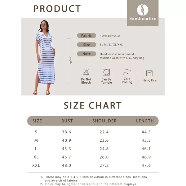 imageSaodimallsu Womens Striped Summer Dresses Short Sleeve V Neck Knit Collared Sexy Slit Loose Maxi Sweater DressBeige