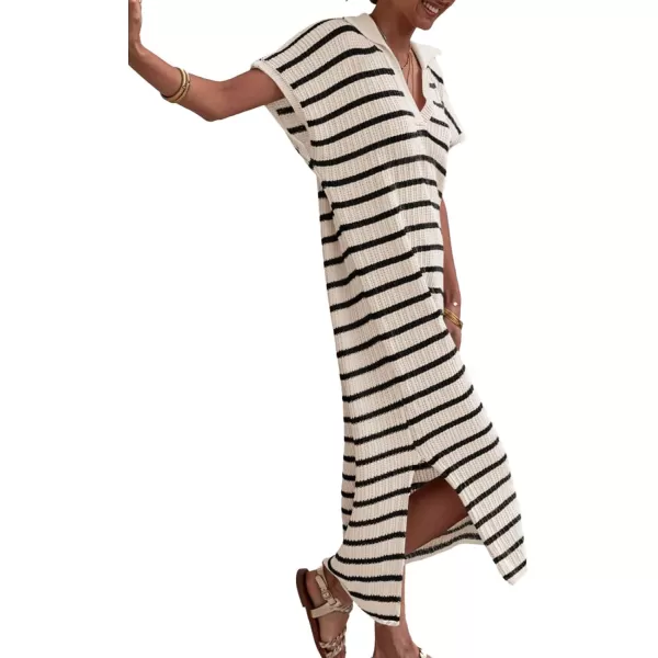 imageSaodimallsu Womens Striped Summer Dresses Short Sleeve V Neck Knit Collared Sexy Slit Loose Maxi Sweater DressBeige