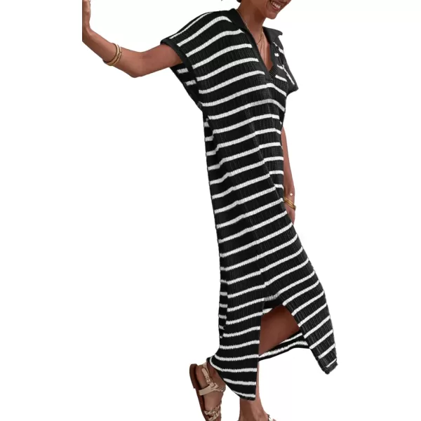 imageSaodimallsu Womens Striped Summer Dresses Short Sleeve V Neck Knit Collared Sexy Slit Loose Maxi Sweater DressBlack