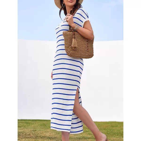 imageSaodimallsu Womens Striped Summer Dresses Short Sleeve V Neck Knit Collared Sexy Slit Loose Maxi Sweater DressBlue