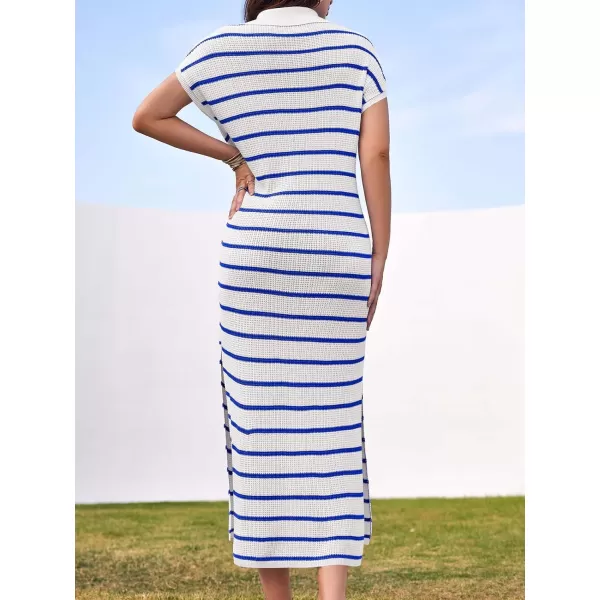 imageSaodimallsu Womens Striped Summer Dresses Short Sleeve V Neck Knit Collared Sexy Slit Loose Maxi Sweater DressBlue