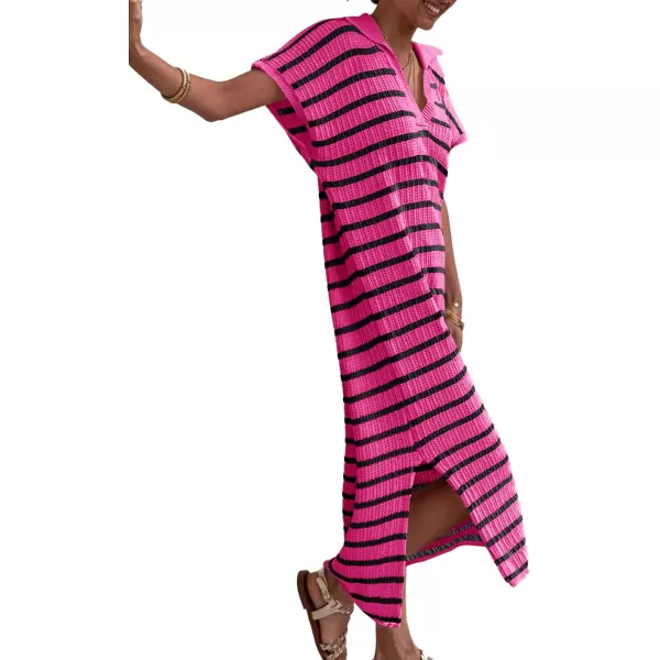 imageSaodimallsu Womens Striped Summer Dresses Short Sleeve V Neck Knit Collared Sexy Slit Loose Maxi Sweater DressDark Pink