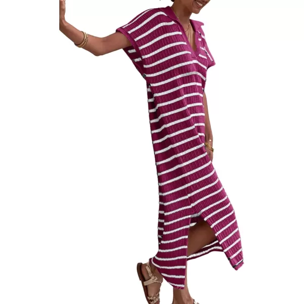 imageSaodimallsu Womens Striped Summer Dresses Short Sleeve V Neck Knit Collared Sexy Slit Loose Maxi Sweater DressFuchsia