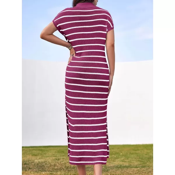 imageSaodimallsu Womens Striped Summer Dresses Short Sleeve V Neck Knit Collared Sexy Slit Loose Maxi Sweater DressFuchsia