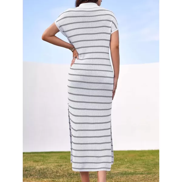 imageSaodimallsu Womens Striped Summer Dresses Short Sleeve V Neck Knit Collared Sexy Slit Loose Maxi Sweater DressGreywhite