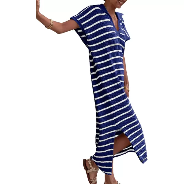 imageSaodimallsu Womens Striped Summer Dresses Short Sleeve V Neck Knit Collared Sexy Slit Loose Maxi Sweater DressNavy