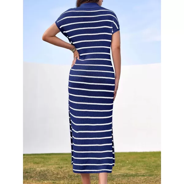 imageSaodimallsu Womens Striped Summer Dresses Short Sleeve V Neck Knit Collared Sexy Slit Loose Maxi Sweater DressNavy