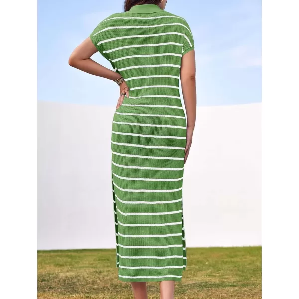 imageSaodimallsu Womens Striped Summer Dresses Short Sleeve V Neck Knit Collared Sexy Slit Loose Maxi Sweater DressOlive Drab