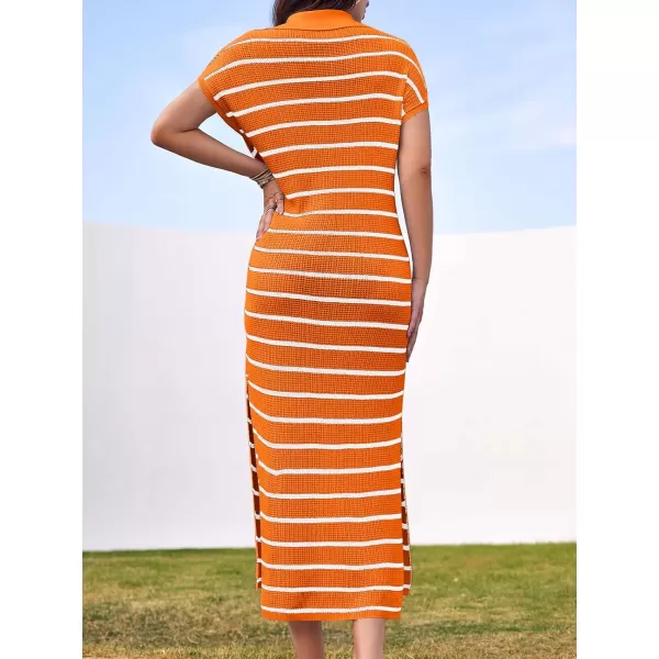 imageSaodimallsu Womens Striped Summer Dresses Short Sleeve V Neck Knit Collared Sexy Slit Loose Maxi Sweater DressOrange