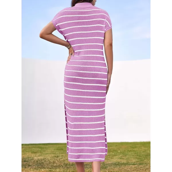 imageSaodimallsu Womens Striped Summer Dresses Short Sleeve V Neck Knit Collared Sexy Slit Loose Maxi Sweater DressPink