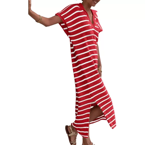 imageSaodimallsu Womens Striped Summer Dresses Short Sleeve V Neck Knit Collared Sexy Slit Loose Maxi Sweater DressRed