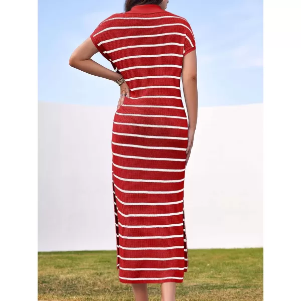 imageSaodimallsu Womens Striped Summer Dresses Short Sleeve V Neck Knit Collared Sexy Slit Loose Maxi Sweater DressRed