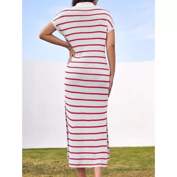 imageSaodimallsu Womens Striped Summer Dresses Short Sleeve V Neck Knit Collared Sexy Slit Loose Maxi Sweater DressRose Red