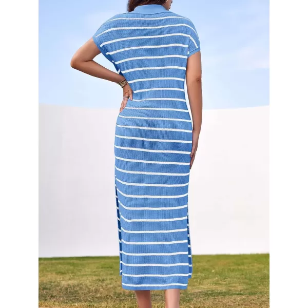 imageSaodimallsu Womens Striped Summer Dresses Short Sleeve V Neck Knit Collared Sexy Slit Loose Maxi Sweater DressWhiteblue