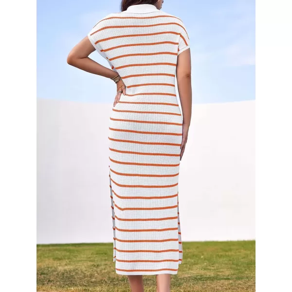 imageSaodimallsu Womens Striped Summer Dresses Short Sleeve V Neck Knit Collared Sexy Slit Loose Maxi Sweater DressWhiteyellow