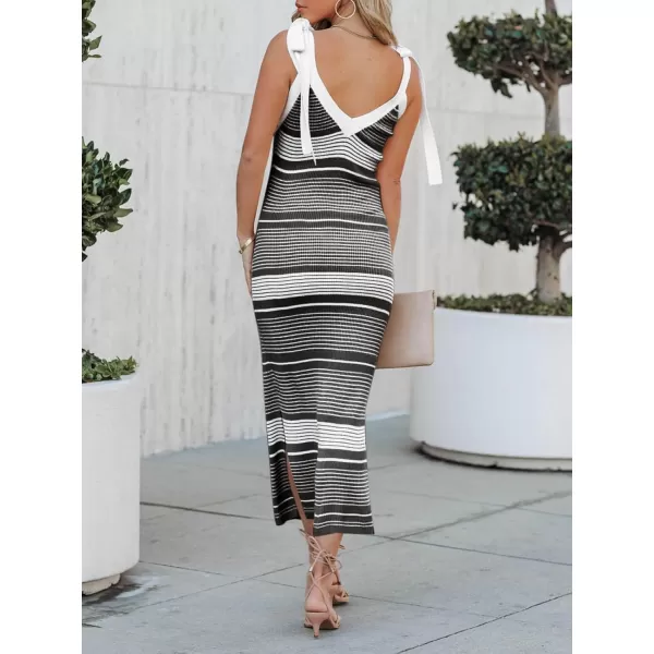 imageSaodimallsu Womens Summer Midi Bodycon Sweater Dress Sexy V Neck Tie Shoulder Striped Knit Side Slit Sleeveless Tank DressesBlack