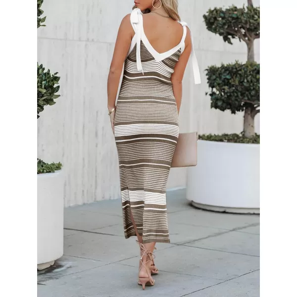 imageSaodimallsu Womens Summer Midi Bodycon Sweater Dress Sexy V Neck Tie Shoulder Striped Knit Side Slit Sleeveless Tank DressesBrown