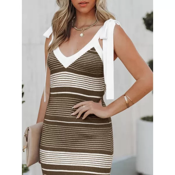 imageSaodimallsu Womens Summer Midi Bodycon Sweater Dress Sexy V Neck Tie Shoulder Striped Knit Side Slit Sleeveless Tank DressesBrown