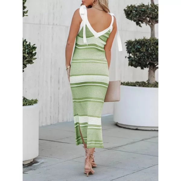 imageSaodimallsu Womens Summer Midi Bodycon Sweater Dress Sexy V Neck Tie Shoulder Striped Knit Side Slit Sleeveless Tank DressesGreen