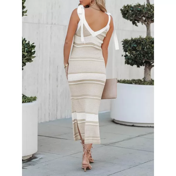 imageSaodimallsu Womens Summer Midi Bodycon Sweater Dress Sexy V Neck Tie Shoulder Striped Knit Side Slit Sleeveless Tank DressesKhaki