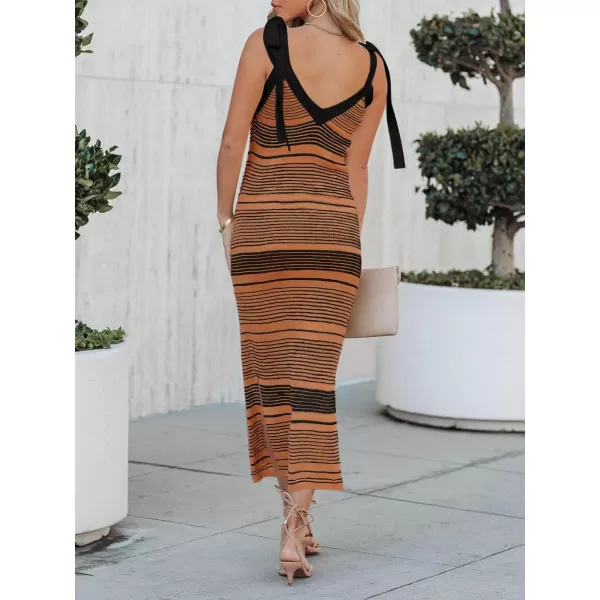 imageSaodimallsu Womens Summer Midi Bodycon Sweater Dress Sexy V Neck Tie Shoulder Striped Knit Side Slit Sleeveless Tank DressesOrange