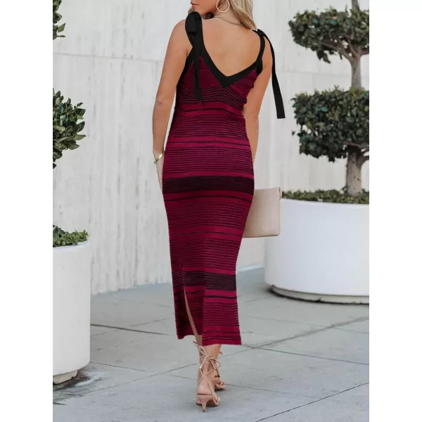 imageSaodimallsu Womens Summer Midi Bodycon Sweater Dress Sexy V Neck Tie Shoulder Striped Knit Side Slit Sleeveless Tank DressesRed