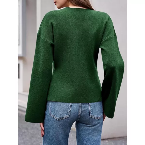 imageSaodimallsu Womens V Neck Cardigans Long Bell Sleeve Button Down Open Front Loose Knit Fall Sweater BlazerArmy Green