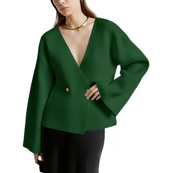 imageSaodimallsu Womens V Neck Cardigans Long Bell Sleeve Button Down Open Front Loose Knit Fall Sweater BlazerArmy Green